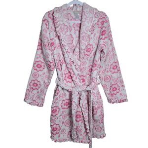 Pink Plush Floral Robe Ruffle Trim L Loungewear‎ Coquette Girly Barbiecore GRWM